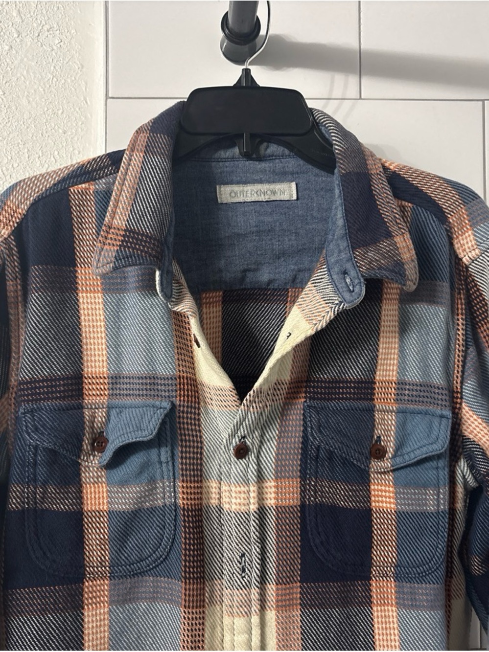 Outerknown Blanket Shirt/ Jacket. Plaid in Navy, Tan & Cream